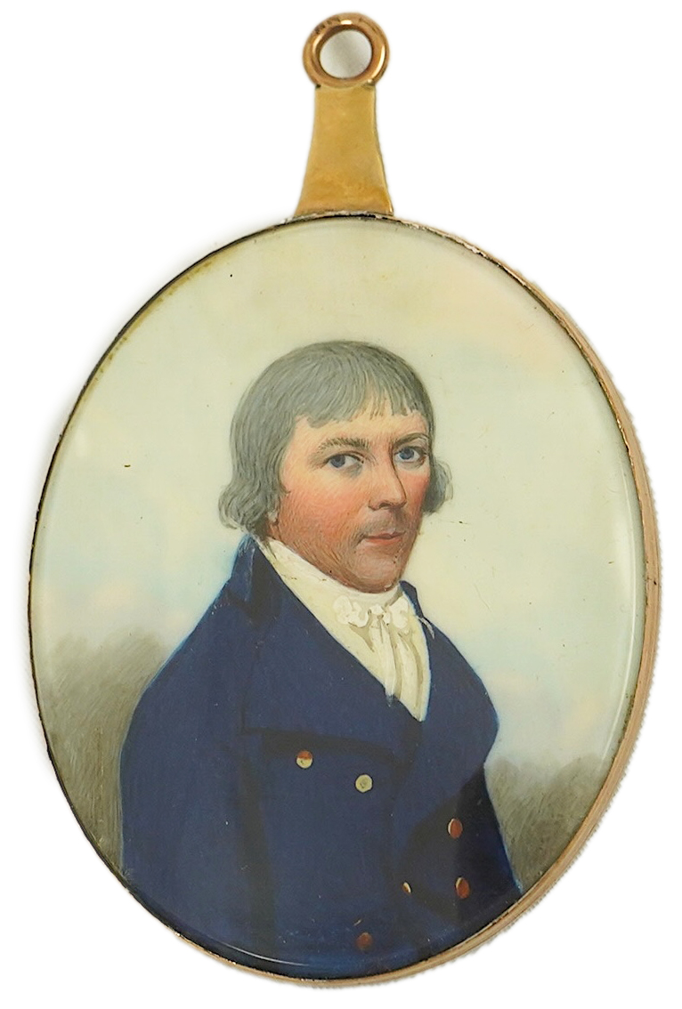 Frederick Buck (1771-1840), Miniature portrait of Sir Broderick Chinnery Bart M.P. (1742-1808), watercolour on ivory, 6.5 x 5.3cm, gold frame with hairwork back CITES Submission reference NQ7D4VC2